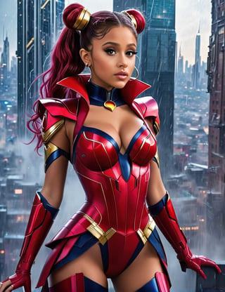 In the heart of a nanopunk cityscape (rain-soaked:1.1), Ariana grande embodies the essence of a sailor moon femme fatale in a cyborg style combat suit. Describe her poised on the edge of a towering building, gazing down at the chaotic streets below. The scene is bathed in dramatic, underexposed lighting, casting homogenous colors across the ultra-realistic city. Capture the intricate details of Scarlett's attire, her expression of enigmatic allure, and the hyper-detailed, action-packed background with cinematic precision.
