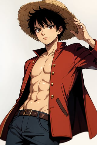 1 man, luffy of one piece, solo, looking at viewer, short hair, bangs, ,masculine closed mouth, mascoline, pose model viril , red jacket, straw hat, fashionable coat, 