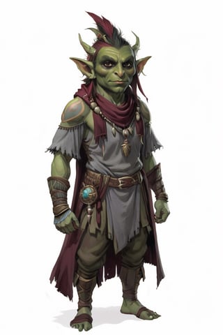 portrait of Male greenskin short goblin shaman wears gray and maroon clothes, full shot (FS), ((full body with legs)), standing, looking straight, | (white background:1.2), simple background |, muted colors, digital art, 8K resolution, ultra quality, Watercolor, trending on artstation, intricate details, highly detailed, greg rutkowski