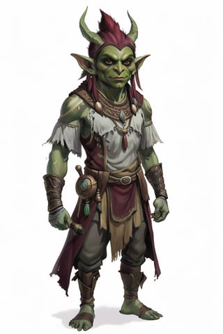 portrait of Male greenskin short goblin shaman wears gray and maroon clothes, full shot (FS), ((full body with legs)), standing, looking straight, | (white background:1.2), simple background |, muted colors, digital art, 8K resolution, ultra quality, Watercolor, trending on artstation, intricate details, highly detailed, greg rutkowski