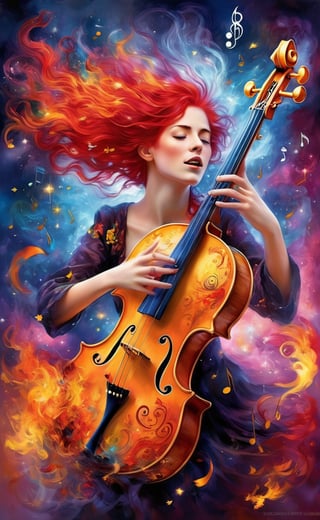  Imagine a musician whose fiery passion is expressed through her music, her crimson hair and the melodies she plays igniting the emotions of all who listen,Colorful, astral girl, made of smokes, dance, chaos, luminiscent, high_res, musical, 