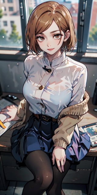 ((best quality)), ((highly detailed)), masterpiece, ((official art)), detailed face, beautiful face, (detailed eyes, deep eyes), (cowboy photo), nobara kugisaki, brown eyes, jujutsu kaisen, school uniform, blue jacket, blue skirt, brown belt, pantyhose, evil smile, from above, leaning landscape, interior, window, intricately detailed, hyper detailed, blurred background, depth of field, best quality, masterpiece, intricate details, tone mapping, sharp focus, hyper detailed, trending on Artstation, 1 girl, sideways, high resolution, official art, nobara kugisaki, portrait, sitting, looking at viewer, sitting at a desk, hands resting on desk, legs crossed, head bowedSAM YANG