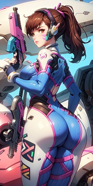 , Deeva \(overwatch 1 version\), 1girl, d.va \(overwatch 1/),  ponytail, ass, brown hair, weapon, gun, robot, whisker markings, mecha, bodysuit, solo, meka (overwatch), handgun, breasts,round ass