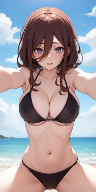 Masterpiece,best quality,,nakano miku,brown hair,bikini,hair between eyes,shy,big breasts,beach,,girl on top, pov, (straddling),(outstretched arms),POV