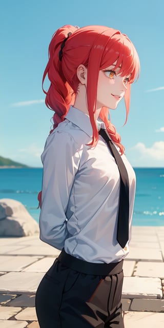 (masterpiece, best quality: 1.4), alone, profile, cowboy photo, smile, makima, ring eyes, long hair, bangs, braided ponytail, redhead, side locks, collared shirt, tie, black pants, arms behind back, medium chest, outdoors, blue sky, sanctuary, stone floor, horizon, upper body, blurred background