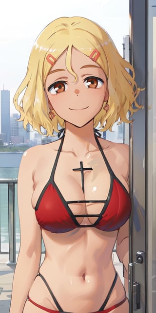 best quality, (masterpiece: 1.2), detailed, perfect face, beautiful face, Sakura, blonde hair, 1 girl, hair ornament, smile, alone, hairpin, short hair, brown eyes, dark skin, ((female body perfect)), upper body, haori, portrait, looking at viewer, High detailed, cross-laced bikini