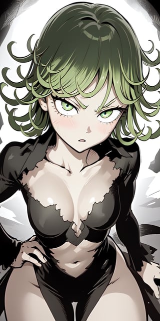 1 teen girl, young adorable girl, tatsumaki (one punch man), hand on hip, sexy posing, pissed, adorable face, (blushed), green eyes, eyelashes, short green hair, curly gradient hair, black dress, collarbone, long sleeves, medium breasts, tiny waist, (wide hips), (thick thighs), looking at viewer, (((masterpiece))), ((best quality)), ((ultra resolution)), ((intricate details)), ((ultra detailed hair)), ((ultra detailed eyes)), ((ultra detailed face)), ((ultra detailed skin)), ((perfect hands)), (((perfect lighting))), (vibrant colors),
