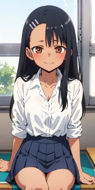 , nagatoro hayase, masterpiece, portrait, official art, 1girl, high school girl, summer uniform, black hair, brown eyes, brown skin happy, club room, sitting,