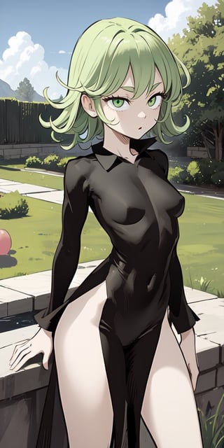 iom, 1girl, green hair, green eyes, long sleeves, dress, side slit, pelvic curtain, sexy, (from up: 1.3) 