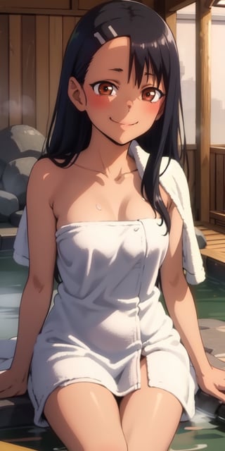 masterpiece, best quality, high resolution, smile, nagatoro hayase, 1 girl, portrait, realistic, ((towel)), (onsen), side lighting, wallpaper, nsfw