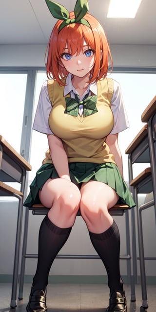 yotsubanakano, , yotsuba nakano, bangs, short hair, blue eyes, hair between eyes, hair ribbon, hairband, orange hair, green ribbon, BREAK skirt, shirt, bow, ribbon, school uniform, white shirt, short sleeves, pleated skirt, shoes, socks, collared shirt, miniskirt, bowtie, black footwear, kneehighs, green skirt, black socks, loafers, green bow, sweater vest, yellow sweater vest, green ribbon,, BREAK indoors, classroom, BREAK looking at viewer, BREAK , (masterpiece:1.2), best quality, high resolution, unity 8k wallpaper, (illustration:0.8), (beautiful detailed eyes:1.6), extremely detailed face, perfect lighting, extremely detailed CG, (perfect hands, perfect anatomy),