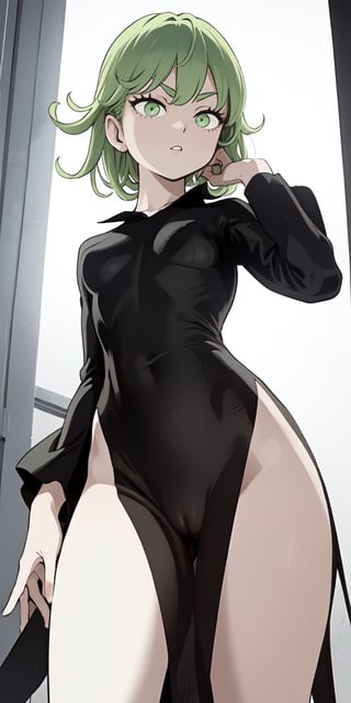 iom, 1girl, green hair, green eyes, long sleeves, dress, side slit, pelvic curtain, sexy, (from below: 1.3) pussy