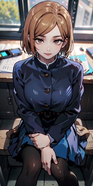 ((best quality)), ((highly detailed)), masterpiece, ((official art)), detailed face, beautiful face, (detailed eyes, deep eyes), (cowboy photo), nobara kugisaki, brown eyes, jujutsu kaisen, school uniform, blue jacket, blue skirt, brown belt, pantyhose, evil smile, from above, leaning landscape, interior, window, intricately detailed, hyper detailed, blurred background, depth of field, best quality, masterpiece, intricate details, tone mapping, sharp focus, hyper detailed, trending on Artstation, 1 girl, sideways, high resolution, official art, nobara kugisaki, portrait, sitting, looking at viewer, sitting at a desk, hands resting on desk, legs crossed, head bowedSAM YANG