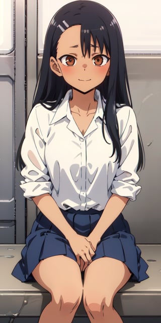 , nagatoro hayase, masterpiece, portrait, official art, 1girl, high school girl, summer uniform, black hair, brown eyes, brown skin happy, club room, sitting,