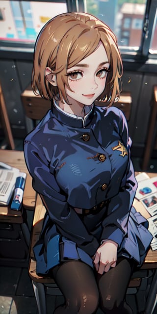 ((best quality)), ((highly detailed)), masterpiece, ((official art)), detailed face, beautiful face, (detailed eyes, deep eyes), (cowboy photo), nobara kugisaki, brown eyes, jujutsu kaisen, school uniform, blue jacket, blue skirt, brown belt, pantyhose, evil smile, from above, leaning landscape, interior, window, intricately detailed, hyper detailed, blurred background, depth of field, best quality, masterpiece, intricate details, tone mapping, sharp focus, hyper detailed, trending on Artstation, 1 girl, sideways, high resolution, official art, nobara kugisaki, portrait, sitting, looking at viewer, sitting at a desk, hands resting on desk, legs crossed, head bowedSAM YANG