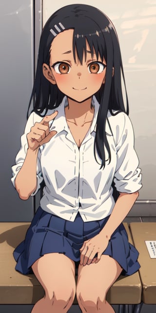 , nagatoro hayase, masterpiece, portrait, official art, 1girl, high school girl, summer uniform, black hair, brown eyes, brown skin happy, club room, sitting,