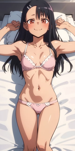 masterpiece, best quality, high resolution, smile, nagatoro hayase, pink underwear, lying on bed, sexy, shirtless