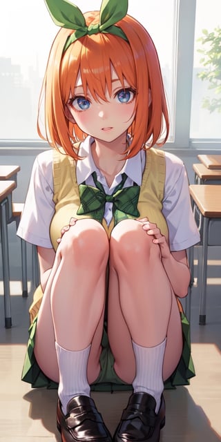 yotsubanakano, , yotsuba nakano, bangs, short hair, blue eyes, hair between eyes, hair ribbon, hairband, orange hair, green ribbon, BREAK skirt, shirt, bow, ribbon, school uniform, white shirt, short sleeves, pleated skirt, shoes, socks, collared shirt, miniskirt, bowtie, black footwear, kneehighs, green skirt, black socks, loafers, green bow, sweater vest, yellow sweater vest, green ribbon,, BREAK indoors, classroom, BREAK looking at viewer, BREAK , (masterpiece:1.2), best quality, high resolution, unity 8k wallpaper, (illustration:0.8), (beautiful detailed eyes:1.6), extremely detailed face, perfect lighting, extremely detailed CG, (perfect hands, perfect anatomy),yotsuba nakano