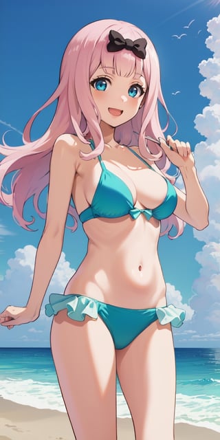 best quality, (masterpiece:1.2), detailed, , fujiwara chika (kaguya-sama), 1girl, solo, open mouth, smile, pink hair, blue eyes, long hair, hair bow, frilled bikini, aqua bikini, standing, looking at the viewer, beach, water, cloud
