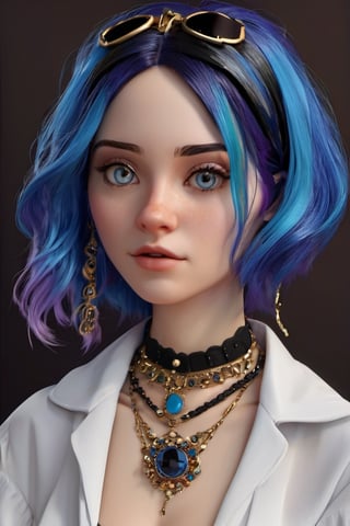 3D style,masterpiece, best quality,3d rending ,close-up,portrait, 3D,1girl, solo, multicolored hair, blue hair, black hair, necklace, freckles, jewelry, two-tone hair, looking to the side, realistic, upper body, simple background, bangs, looking away, short hair, parted lips, black eyes, lips, gothic, choker, makeup, mole, black shirt, shirt,  