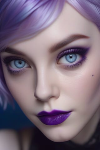 (masterpiece,best quality, ultra realistic), goth fairy with short purple hair and blue eyes,  32k,RAW photo,detail skin, 8k uhd, dslr,high quality