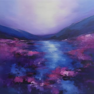 acrylic painting in deep blues, purple and violet, abstract landscape