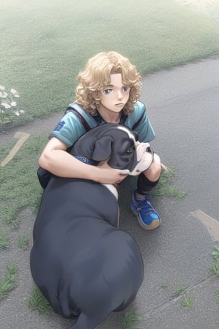 illustration, anime, manga, boy with long curly hair sitting on the ground with a bulldog