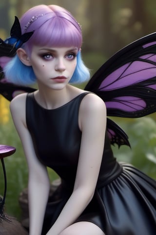 (masterpiece,best quality, ultra realistic), goth fairy with short purple hair and blue eyes, black dress, fairy wings, sitting on a toadstool, holding a black cat 32k,RAW photo,detail skin, 8k uhd, dslr,high quality