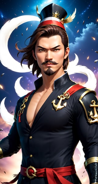 BREAK
Zoom distance: Panoramic
BREAK
Create the character Zhang Liao (full body:1.5) from the role-playing game Dynasty Warriors by the game company Koei Tecmo
BREAK
(Man:1.5), (revolutionary mustache:1.5), (anchor beard:1.5), (fierce look:1.5), (brown hair:1.5), (short hair:1.5)
BREAK
(Black Suit:1.5), (hat_with_feather:1.5)
BREAK
(Ancient china background: 1.5), (cleavage large:1.5), (standing pose: 1.5), (dinamic pose:1.5), (night sky:1.5), (Full_body:1.5)
BREAK
(beautiful_hands: 1.5), (beautiful_feets: 1.5), (pretty fingers:1.5)
BREAK
(Realistic, Photorealistic: 1.5), (Masterpiece, Best Quality: 1.4), (Ultra High Resolution: 1.5), (RAW Photo: 1.2), (Face Focus: 1.2), (Ultra Detailed CG Unified 8k Wallpaper: 1.5), (Hyper Sharp Focus: 1.5), (Ultra Sharp Focus: 1.5), (Beautiful pretty face: 1.5) (professional photo lighting:1.3), , (super detailed background, detail background: 1.5), (elegant:1.3), (kinematic:1.4),better_hands,hands