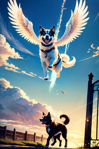 a large, thin dog, with brown hair, white paws, with white wings, with a beautiful abstract sky with bluish touches, flying towards the gates of heaven