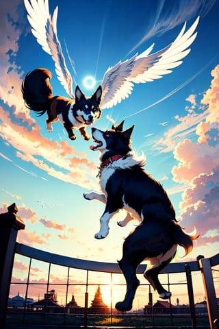 a large, thin dog, with brown hair, white paws, with white wings, with a beautiful abstract sky with bluish touches, flying towards the gates of heaven