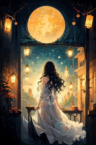 EpicArt,1girl, long hair, moon, window, solo, night, sky, full moon, from behind, star \(sky\), facing away, standing, dress, indoors, night sky, black hair, curtains, scenery, white dress, starry sky, see-through, cup, wavy hair, lamp, lantern