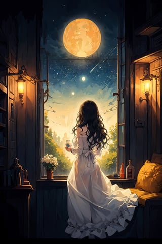 EpicArt,1girl, long hair, moon, window, solo, night, sky, full moon, from behind, star \(sky\), facing away, standing, dress, indoors, night sky, black hair, curtains, scenery, white dress, starry sky, see-through, cup, wavy hair, lamp, lantern