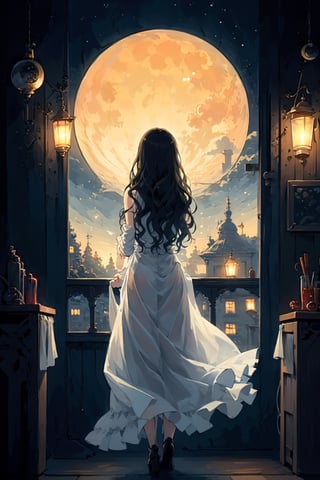 EpicArt,1girl, long hair, moon, window, solo, night, sky, full moon, from behind, star \(sky\), facing away, standing, dress, indoors, night sky, black hair, curtains, scenery, white dress, starry sky, see-through, cup, wavy hair, lamp, lantern