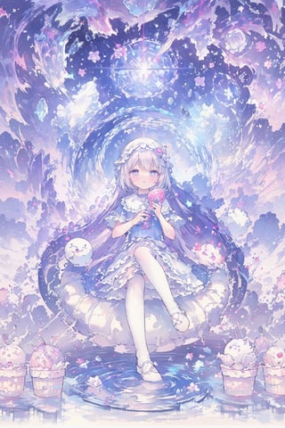 DArt,EpicSky,sky,cloud,1girl, bright white hair, long hair, purple eyes, pale skin, lolita dress, white dress, short dress, white thigh stockings, small breasts, pale skin, soft skin, rainbow, hearts, heart pillows, pastel, crystals, halo, colorful, pink, purple, blue, doll)), ((lots of dolls)) ((sunlight coming through window)) ((background, cute home)) ((light atmosphere)) ((dolls in home)) ((sitting up, fullbody)) (fluffy, soft, light, bright, sparkles, twinkle, cute, pink, purple, blue, clouds, pastel, light colors, glitter, happy, normal pupil) best quality, masterpiece, Detailedface, high_res 8K, candyland, full background, candy, sweets, lollipop, chocolate, ice cream, swirl lollipop, strawberry, ice cream, doughnut, cake, cupcake, balloon, chocolate bar, bubble, cream, whipped cream, dessert, pastry, candy wrapper, icing, teacup, confetti,1guy,best quality