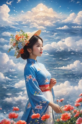 EpicSky, (realistic,best quality:1.2), a sky full of flowers,cloud, 1girl, wear ao dai, hat