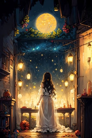 EpicArt,1girl, long hair, moon, window, solo, night, sky, full moon, from behind, star \(sky\), facing away, standing, dress, indoors, night sky, black hair, curtains, scenery, white dress, starry sky, see-through, cup, wavy hair, lamp, lantern