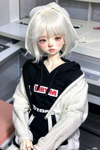 EpicDoll, 1girl, wavy short hair, looking_at_viewer, white hair, wear hoodie