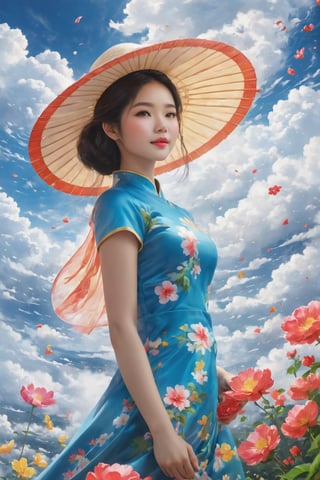 EpicSky, (realistic,best quality:1.2), a sky full of flowers,cloud, 1girl, wear ao dai, hat