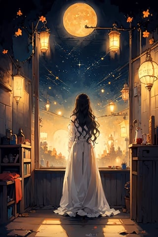 EpicArt,1girl, long hair, moon, window, solo, night, sky, full moon, from behind, star \(sky\), facing away, standing, dress, indoors, night sky, black hair, curtains, scenery, white dress, starry sky, see-through, cup, wavy hair, lamp, lantern