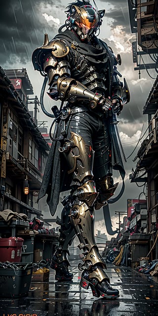Imagine a mighty man wearing fullbody shining hitech armor. he used japan mech helmet, lion fang helmet and its eyes blaze with a furious red hue. The man hold a massive huge hitech sword in his hand, poised to face any danger. The sky behind him appears epic, filled with brooding clouds that create a dramatic atmosphere, high detail armored, black carbon colour, gold detail part, masterpiece, stunning and baddass, ultra HD, 4k, fog effect, cyberpunk, strom, detailed rain, super realistic, mech, shoot from mid range, stunning cinematic lighting, finger ultra detail, 