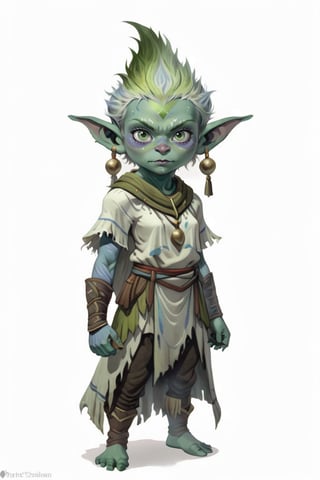 portrait of female green skin goblin small baby toddler shaman with frost clothes, (green skin:1.5), full shot (FS), ((full body with legs)), standing, looking straight, | (white background:1.2), simple background |, medieval, pastel muted colors, digital art, 8K resolution, ultra quality, Watercolor, trending on artstation, intricate details, highly detailed