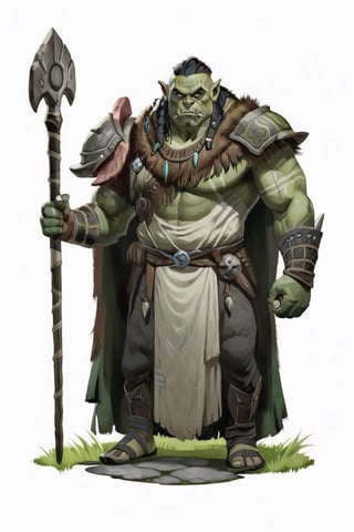 portrait of male orc shaman holding meat staff standing on grass on round stone pavement, full shot (FS), ((full body with legs)), standing, looking straight, | (white background:1.2), simple background |, medieval, pastel muted colors, digital art, 8K resolution, ultra quality, Watercolor, trending on artstation, intricate details, highly detailed