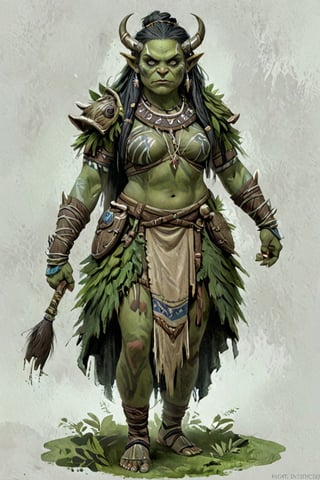 portrait of green skin orc female shaman with forest clothes, (green skin:1.5), full shot (FS), ((full body with legs)), standing, looking straight, | (white background:1.2), simple background |, medieval, pastel muted colors, digital art, 8K resolution, ultra quality, Watercolor, trending on artstation, intricate details, highly detailed