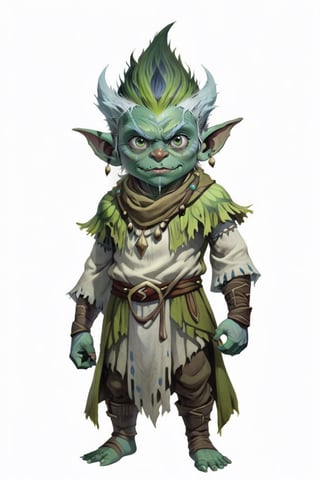 portrait of green skin goblin small baby toddler shaman with frost clothes, (green skin:1.5), full shot (FS), ((full body with legs)), standing, looking straight, | (white background:1.2), simple background |, medieval, pastel muted colors, digital art, 8K resolution, ultra quality, Watercolor, trending on artstation, intricate details, highly detailed