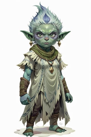 portrait of female green skin goblin small baby toddler shaman with frost clothes, (green skin:1.5), full shot (FS), ((full body with legs)), standing, looking straight, | (white background:1.2), simple background |, medieval, pastel muted colors, digital art, 8K resolution, ultra quality, Watercolor, trending on artstation, intricate details, highly detailed