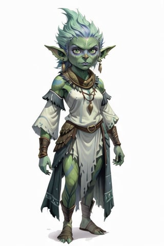 portrait of female green skin goblin short shaman with frost clothes, (green skin:1.5), full shot (FS), ((full body with legs)), standing, looking straight, | (white background:1.2), simple background |, medieval, pastel muted colors, digital art, 8K resolution, ultra quality, Watercolor, trending on artstation, intricate details, highly detailed