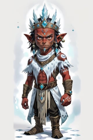 portrait of red skin short goblin male shaman king with crown with frost clothes, (short height) (red skin:1.5), (frost aura:1.5), full shot (FS), ((full body with legs)), standing, looking straight, | (white background:1.2), simple background |, medieval, pastel muted colors, digital art, 8K resolution, ultra quality, Watercolor, trending on artstation, intricate details, highly detailed