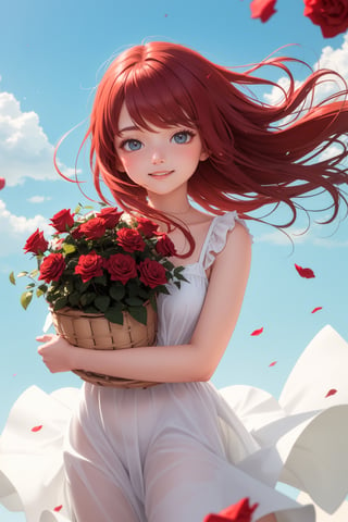 masterpiece, best quality, red hair, white sundress, happy, hugging basket of red rose, blue sky, hair blowing wind, looking at viewer