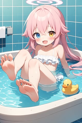 1girl, solo, long hair, looking at viewer, blush, open mouth, bangs, blue eyes, hair between eyes, very long hair, collarbone, yellow eyes, pink hair, ahoge, barefoot, fang, indoors, water, feet, wet, toes, heterochromia, halo, soles, happy, skin fang, partially submerged, tiles, foot focus, bathing, bath, bathroom, bathtub, tile wall, rubber duck, frills bikini, hoshino \(blue archive\)